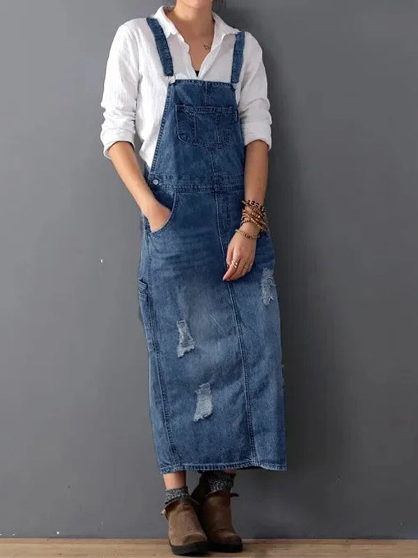 Slabberjurk van distressed denim met split aan de achterkant - Lara