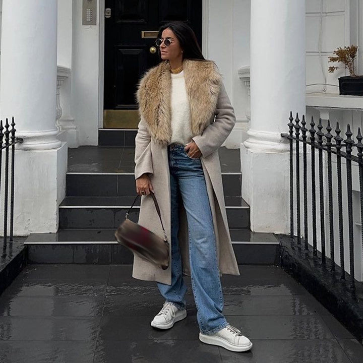 Lange damesjas met overslagkraag en kruissluiting - Eirlys