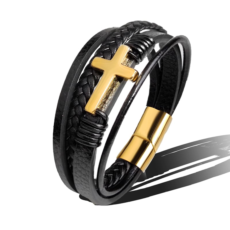 Herenarmband gevlochten leer met roestvrijstalen kruis - Sentinel