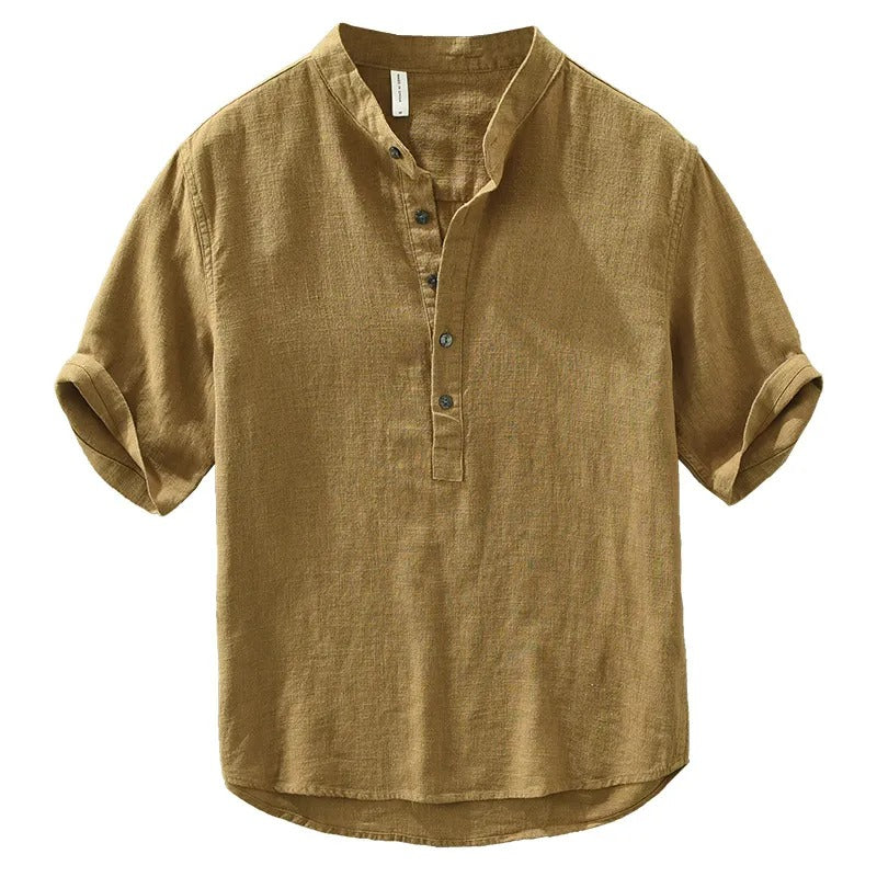 Heren casual overhemd bruin linnen mao kraag - Dario