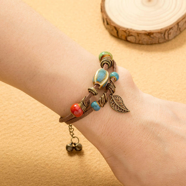 Bohemian damesarmband handgemaakt leer met keramische kralen - Lantana