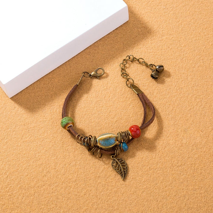 Bohemian damesarmband handgemaakt leer met keramische kralen - Lantana