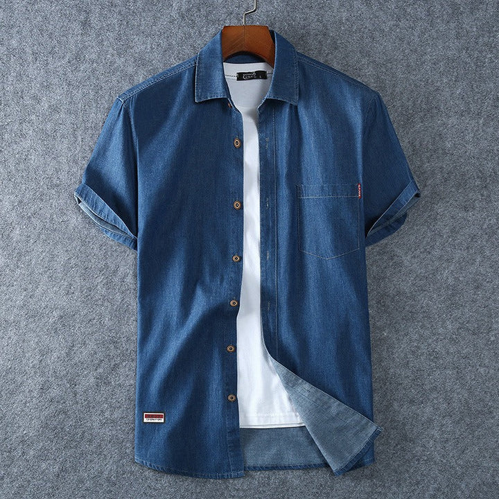 Heren denim overhemd korte mouw katoen blauw - Denver