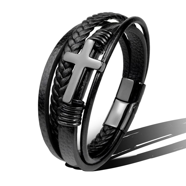 Herenarmband gevlochten leer met roestvrijstalen kruis - Sentinel