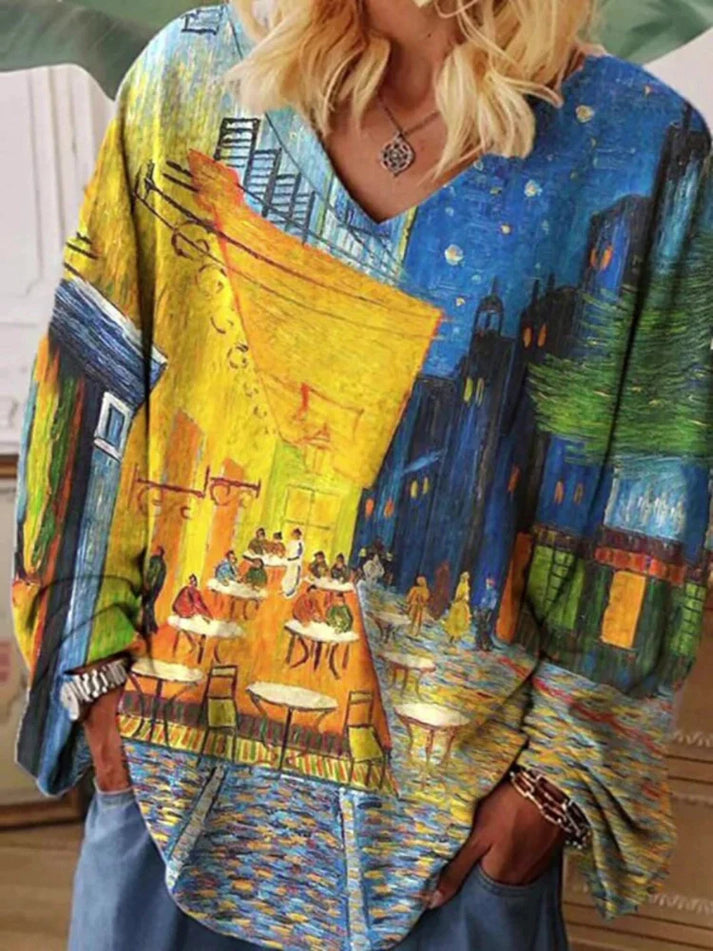 Van Gogh kunst V-hals T-shirt - Los model en stijlvol ontwerp