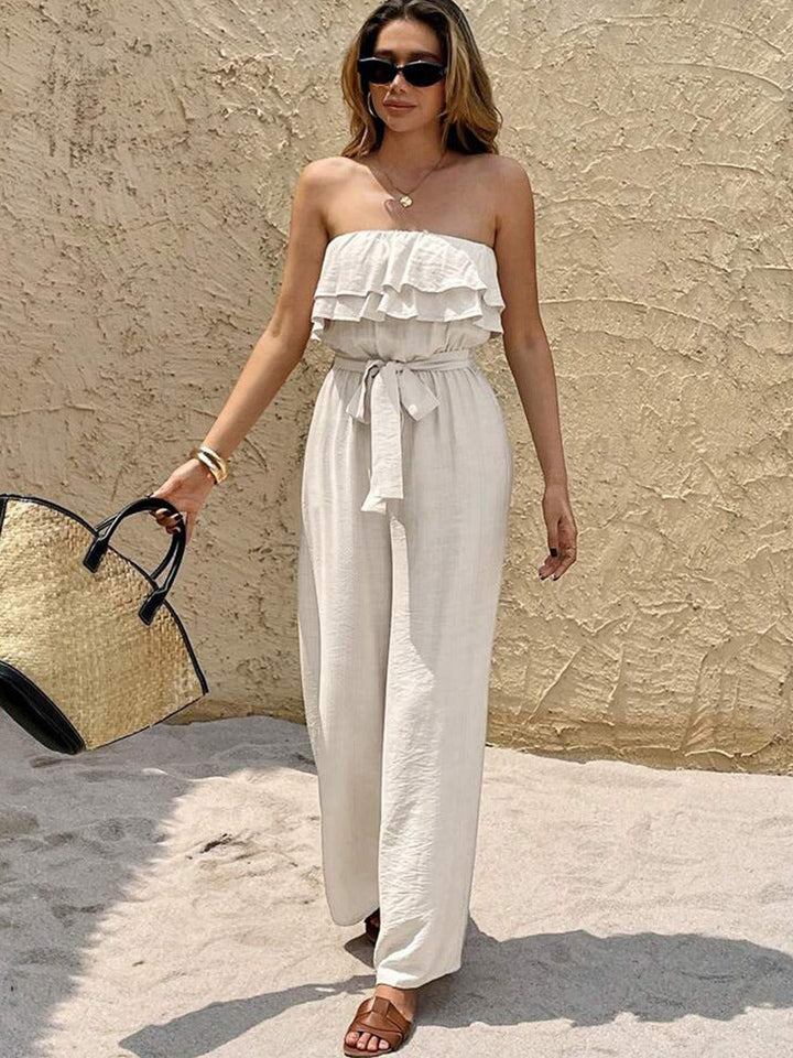 Lange jumpsuit voor dames met strapless hals en ruches - Noelia