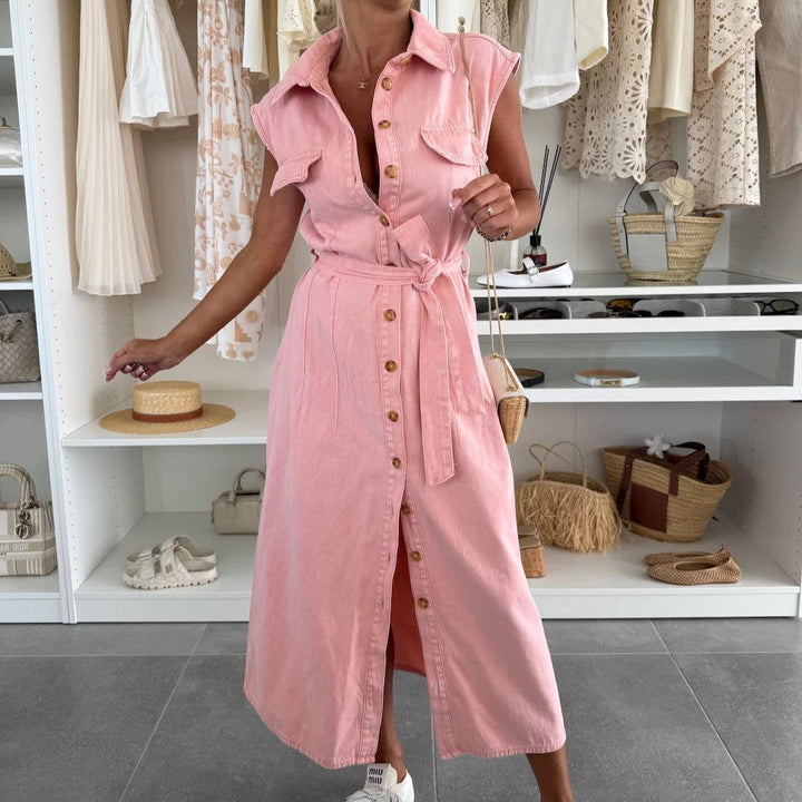 Dames midi-jurk denim zonder mouwen met knopen en riem - Estelle
