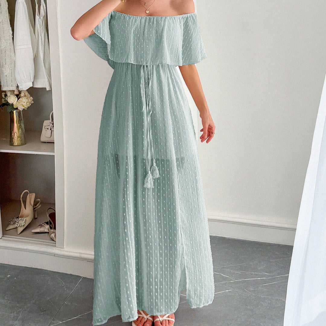 Lange jurk in plumeti chiffon met vloeiende boothals - Noelia