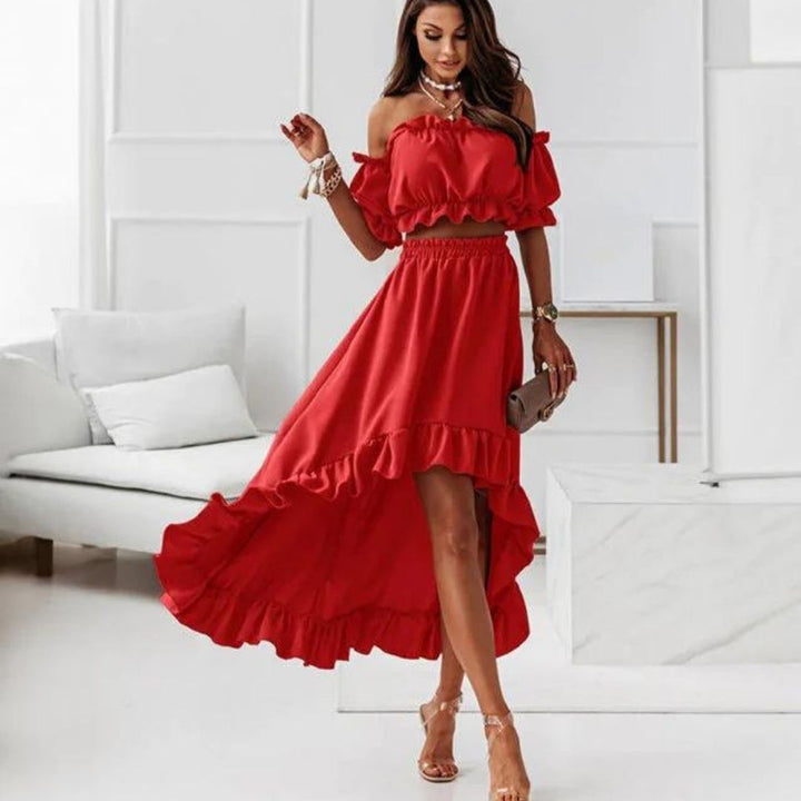 Elenaya - Off-the-shoulder jurk met ruches en hoog-laag zoom