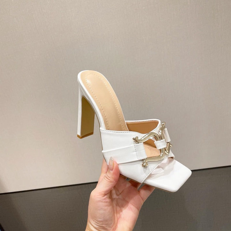 Vrouwen sandalen met hoge hak elegant zwart dubbele metalen gesp - Kalisa