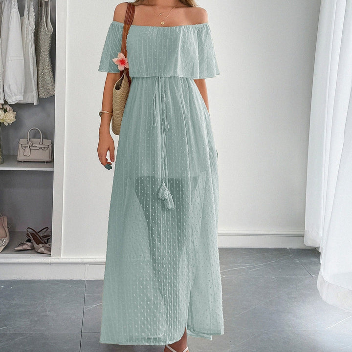Lange jurk in plumeti chiffon met vloeiende boothals - Noelia