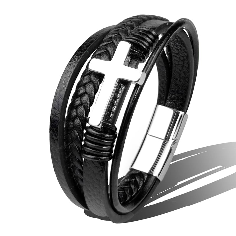 Herenarmband gevlochten leer met roestvrijstalen kruis - Sentinel