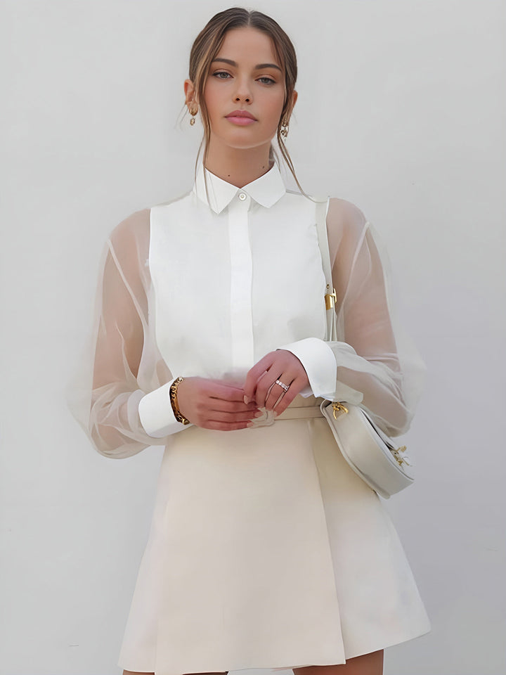 Isabella - Half doorschijnend organza overhemd met pofmouwen