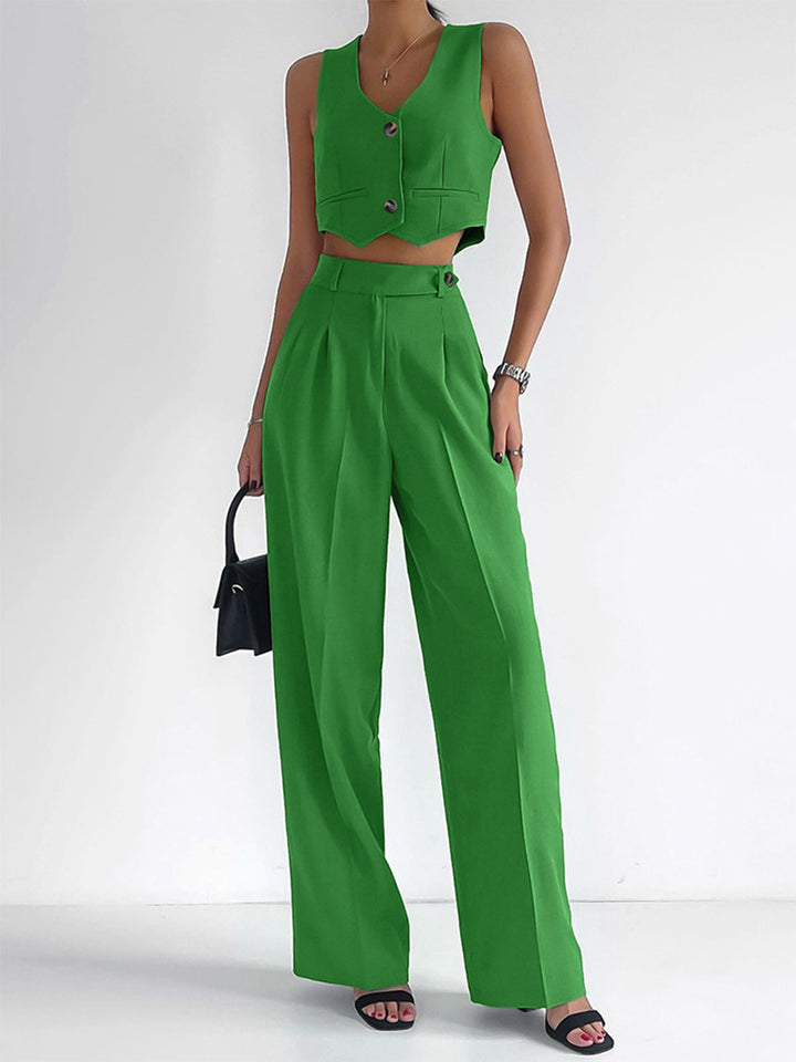 Velia - Effen vest met knoopsluiting en pantalonset