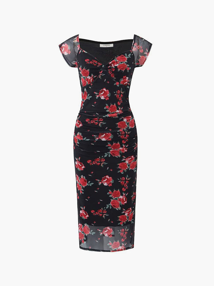 Júlia - Midi jurk met bloemenprint en ruches aan de zijkant
