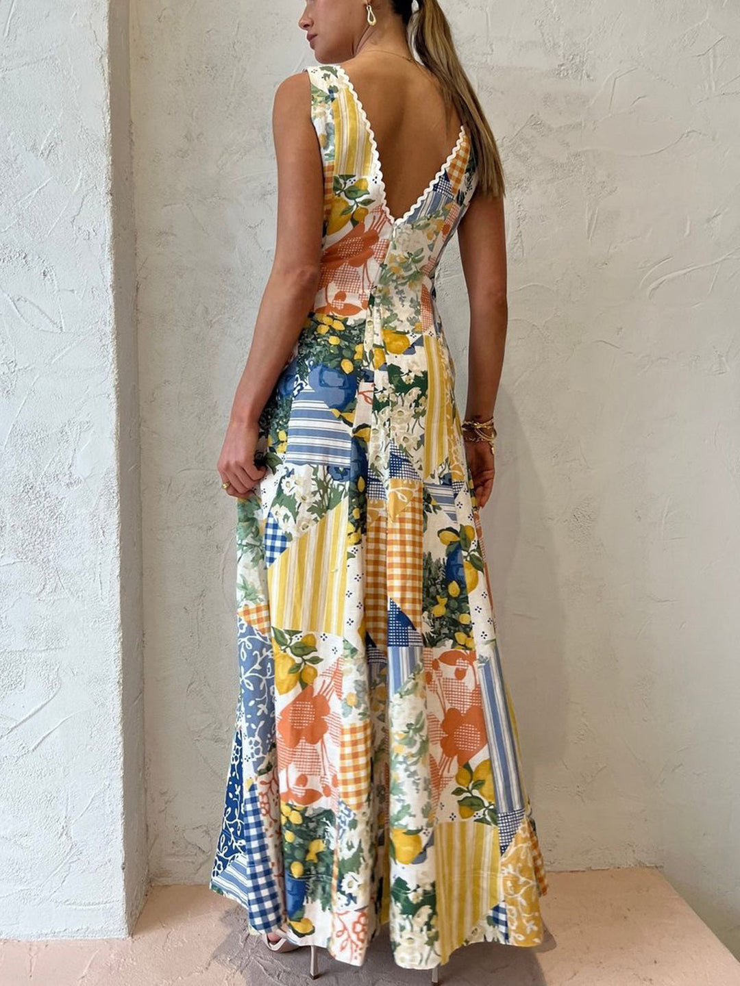 Holly - Limonade print lange jurk met kanten randje