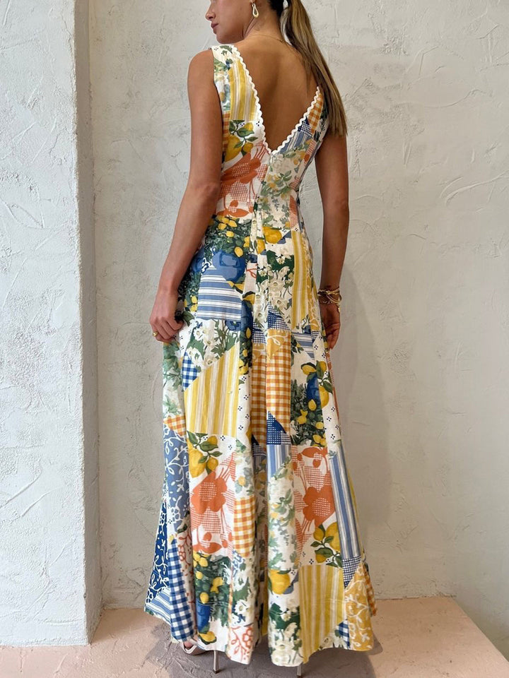 Holly - Limonade print lange jurk met kanten randje
