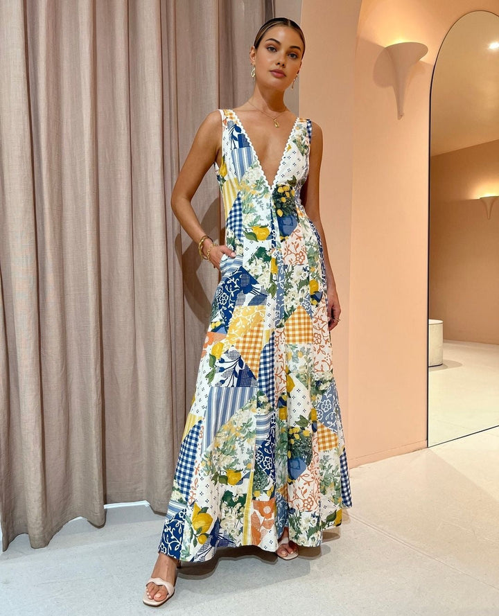 Holly - Limonade print lange jurk met kanten randje