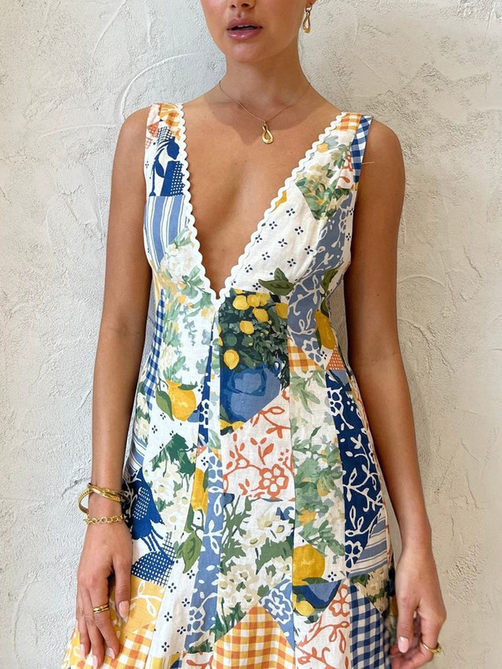 Holly - Limonade print lange jurk met kanten randje