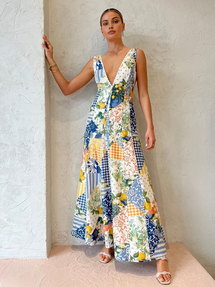 Holly - Limonade print lange jurk met kanten randje