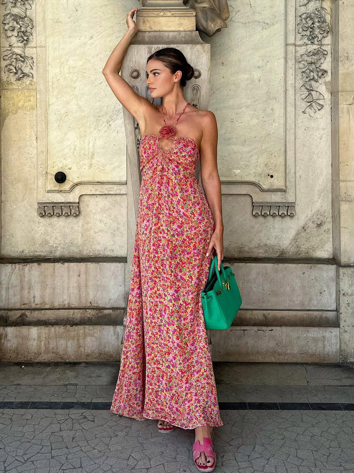 Emine - Boho Bloemenprint Rozet Decor Halter Lange Jurk