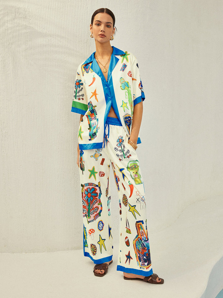 Selma - Broek met contrastbinding en print