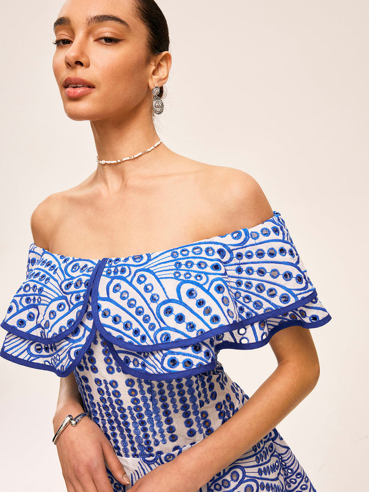 Hanna - Half doorschijnende off-shoulder jurk met ruches