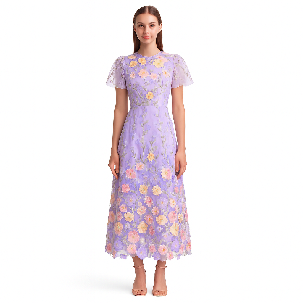 Geborduurde lange jurk met bloemen - Fiorella
