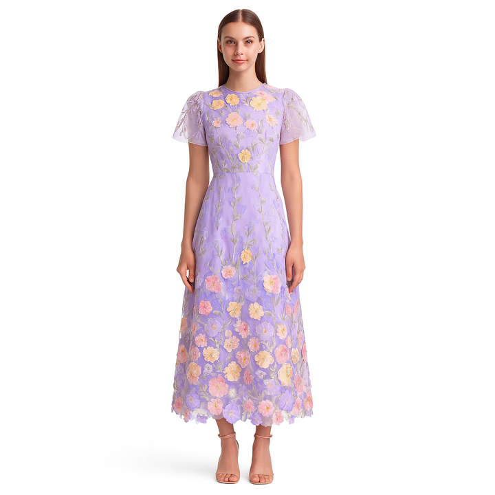 Geborduurde lange jurk met bloemen - Fiorella