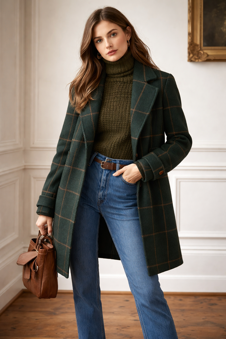 Elegante damesjas met brede revers en geruit patroon - Yara