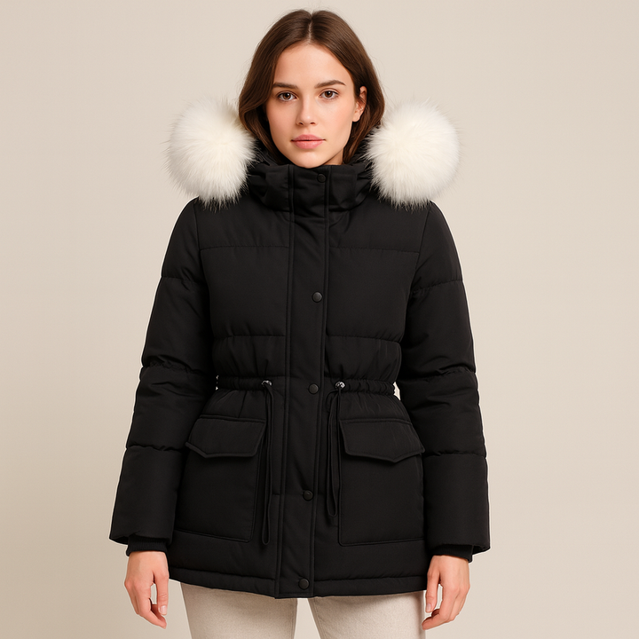 Gewatteerde damesjas met capuchon met bonteffect - Althea