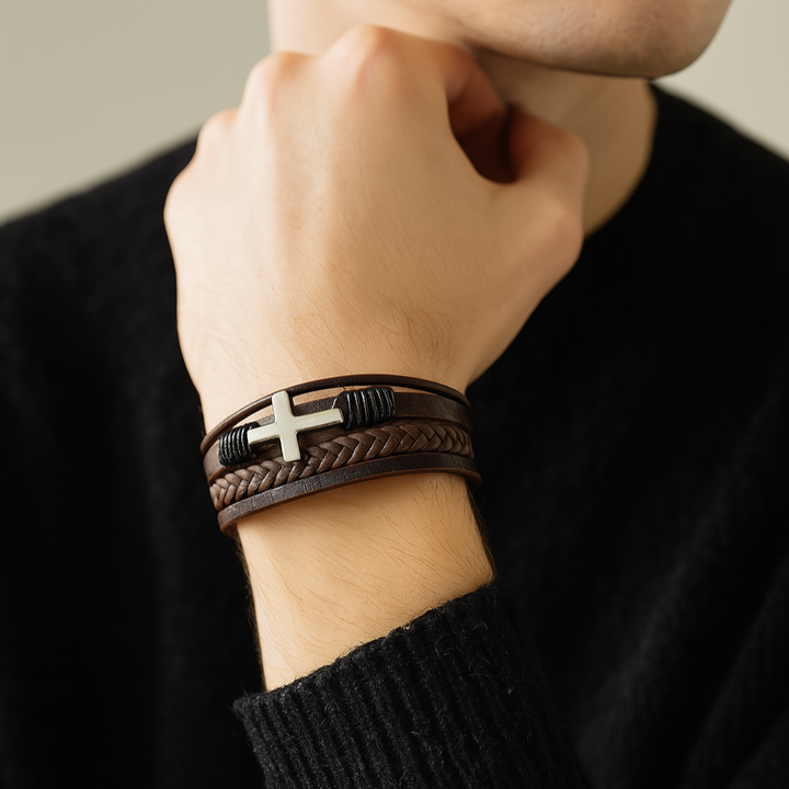 Herenarmband gevlochten leer met roestvrijstalen kruis - Sentinel