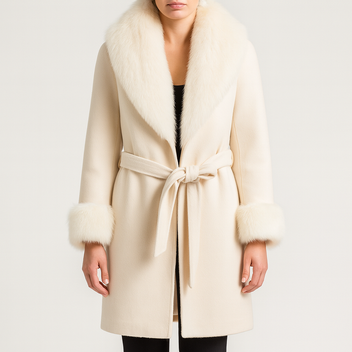 Lange damesjas met bontkraag en riem - Margaretti