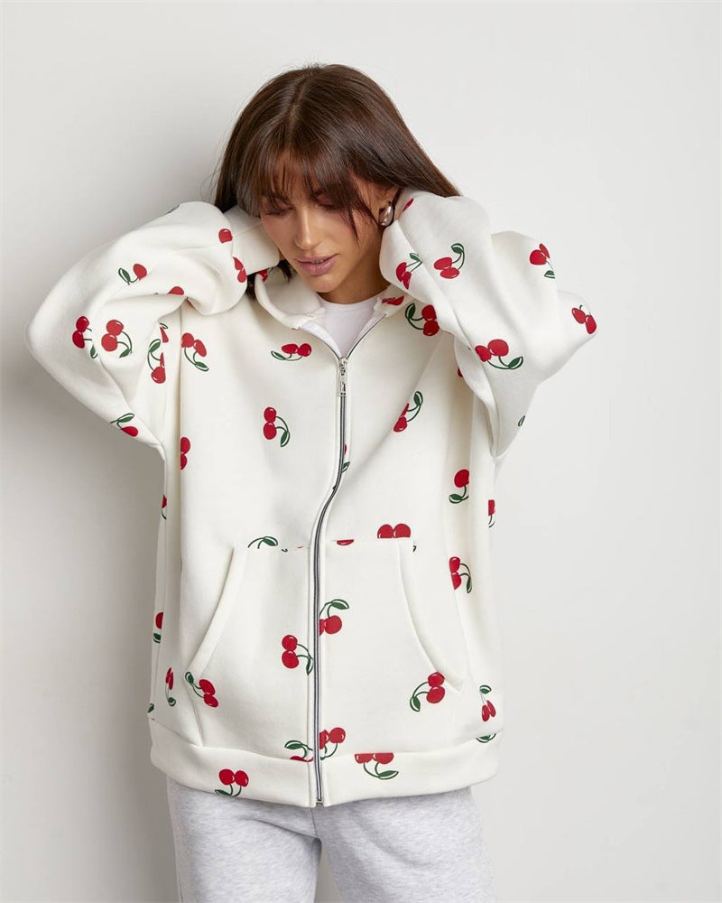 Damessweatshirt met capuchon en ritssluiting met kersenprint - Mely