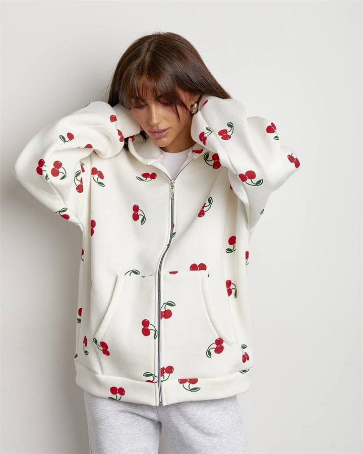 Damessweatshirt met capuchon en ritssluiting met kersenprint - Mely