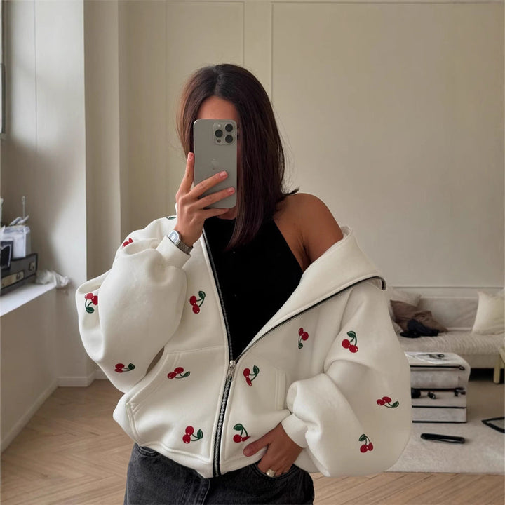 Damessweatshirt met capuchon en ritssluiting met kersenprint - Mely