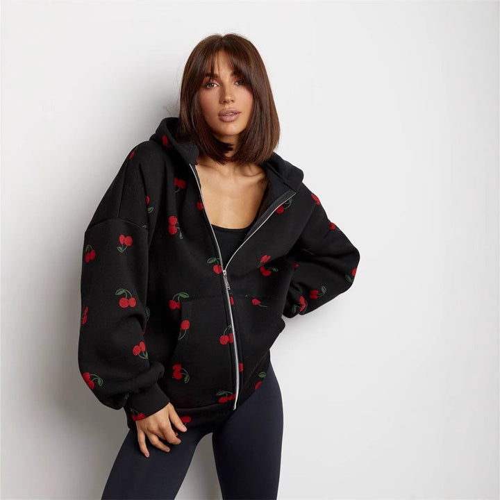 Damessweatshirt met capuchon en ritssluiting met kersenprint - Mely