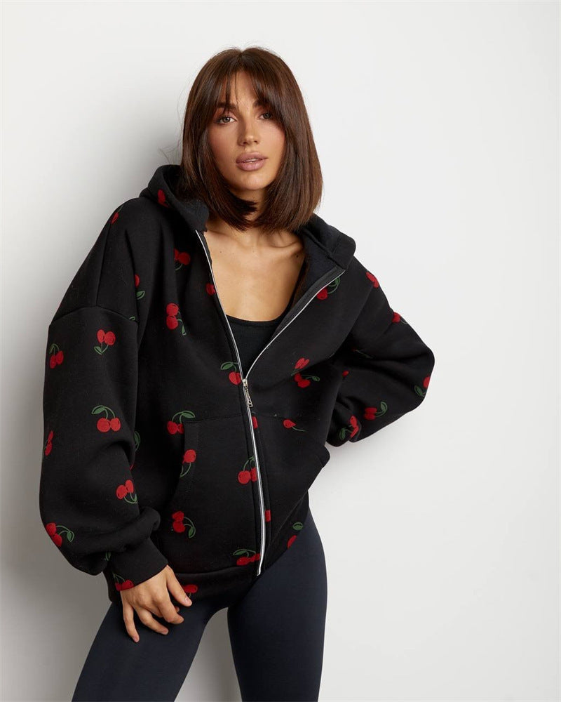 Damessweatshirt met capuchon en ritssluiting met kersenprint - Mely