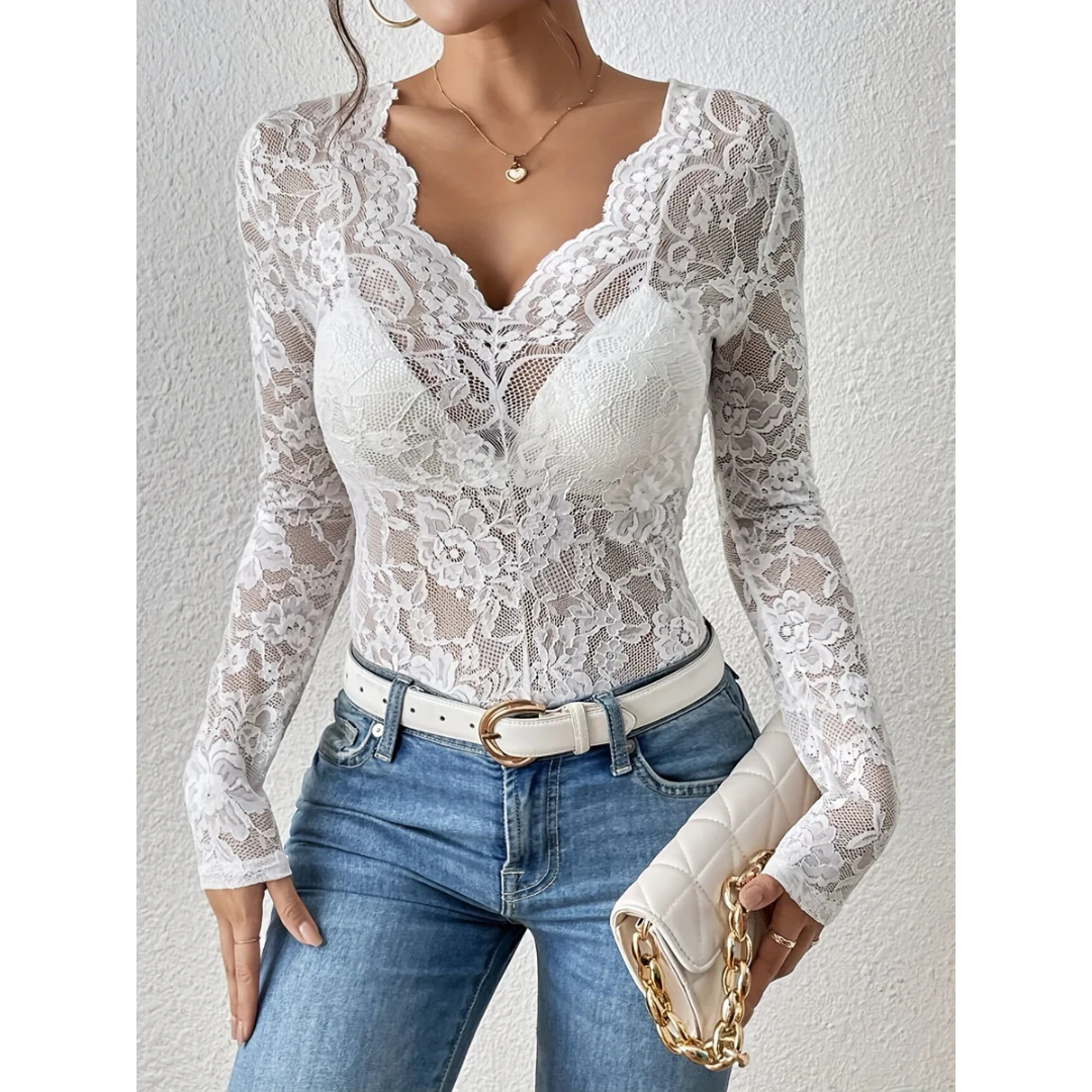 Damesblouse met lange mouwen en kanten V-hals - Elodie