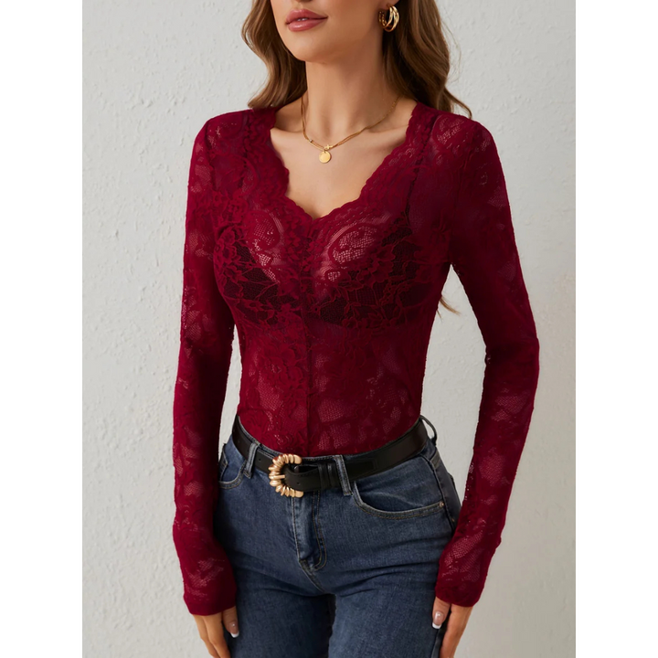Damesblouse met lange mouwen en kanten V-hals - Elodie