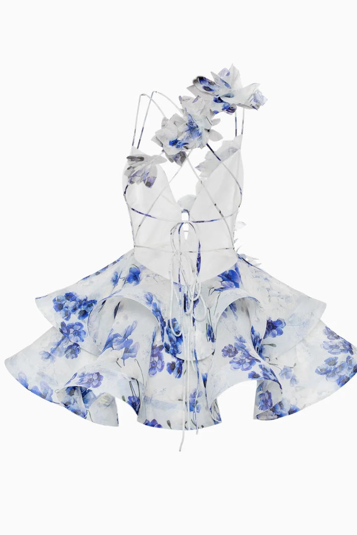 Isabella - Mini jurk met 3D bloem en gaas ruches