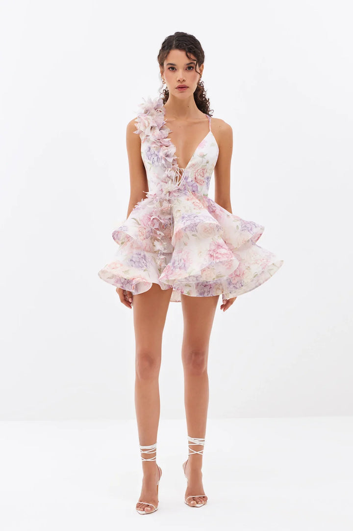 Isabella - Mini jurk met 3D bloem en gaas ruches