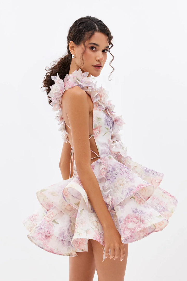 Isabella - Mini jurk met 3D bloem en gaas ruches