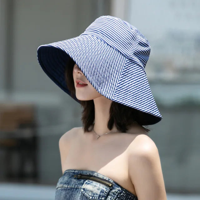 Nieuw gestreepte dubbelzijdige kleding vrouwen emmer hoed