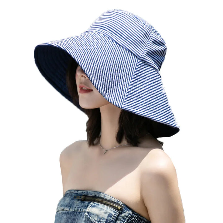 Nieuw gestreepte dubbelzijdige kleding vrouwen emmer hoed