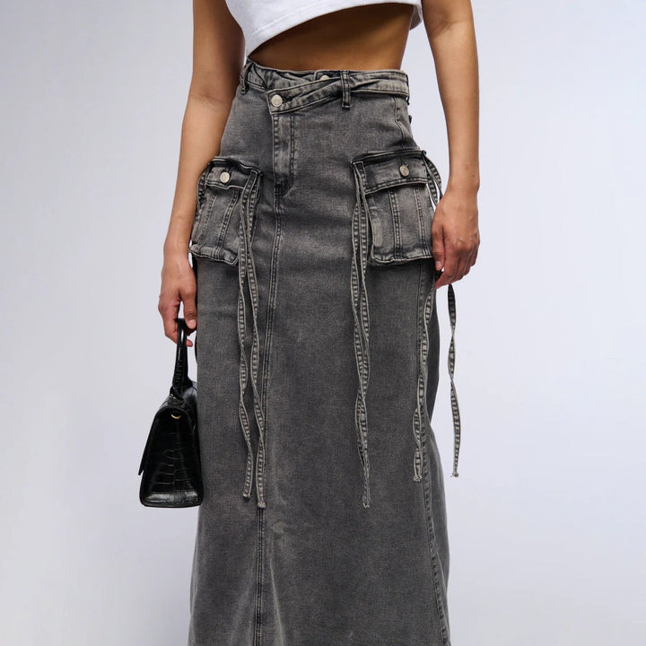 Dames denim lange rok met utility zakken recht model - Renata