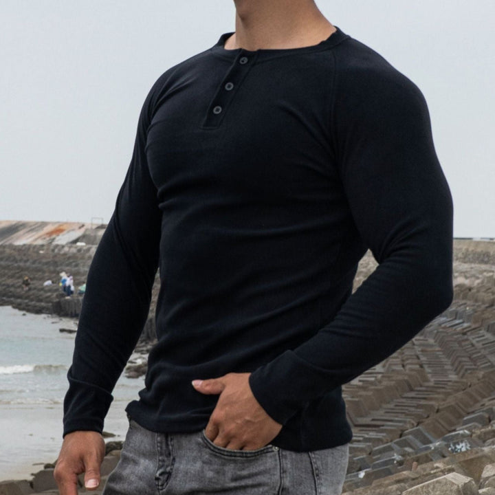 Heren-T-shirt met lange mouwen, slim fit met knopen - Dario
