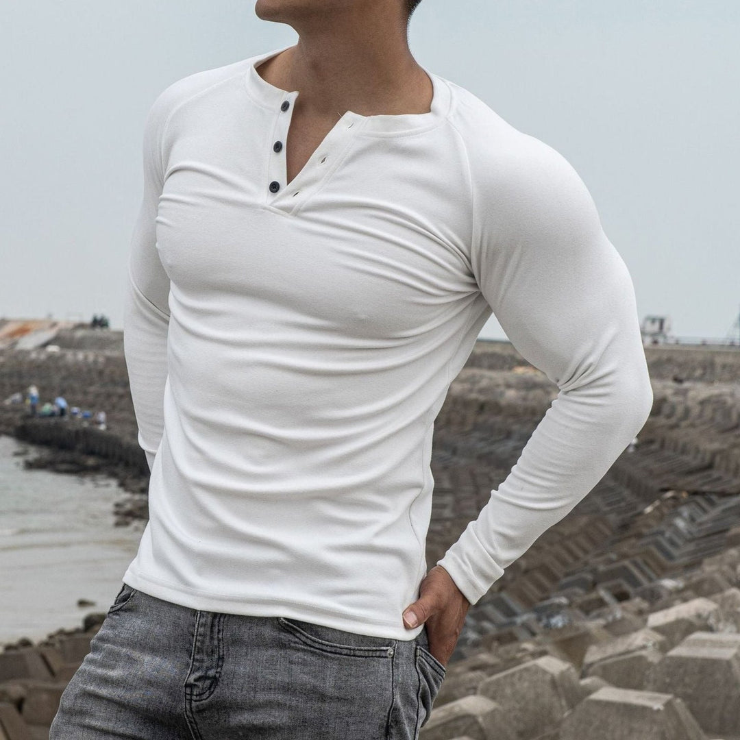 Heren-T-shirt met lange mouwen, slim fit met knopen - Dario