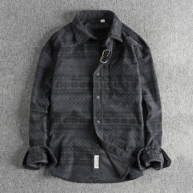 Herenhemd in corduroy met lange mouwen en etnische print - Mauro