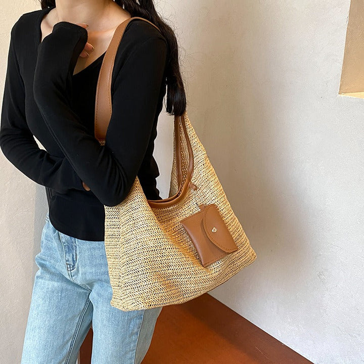 Shopper tas met geweven raffia en tasdetail - Martina